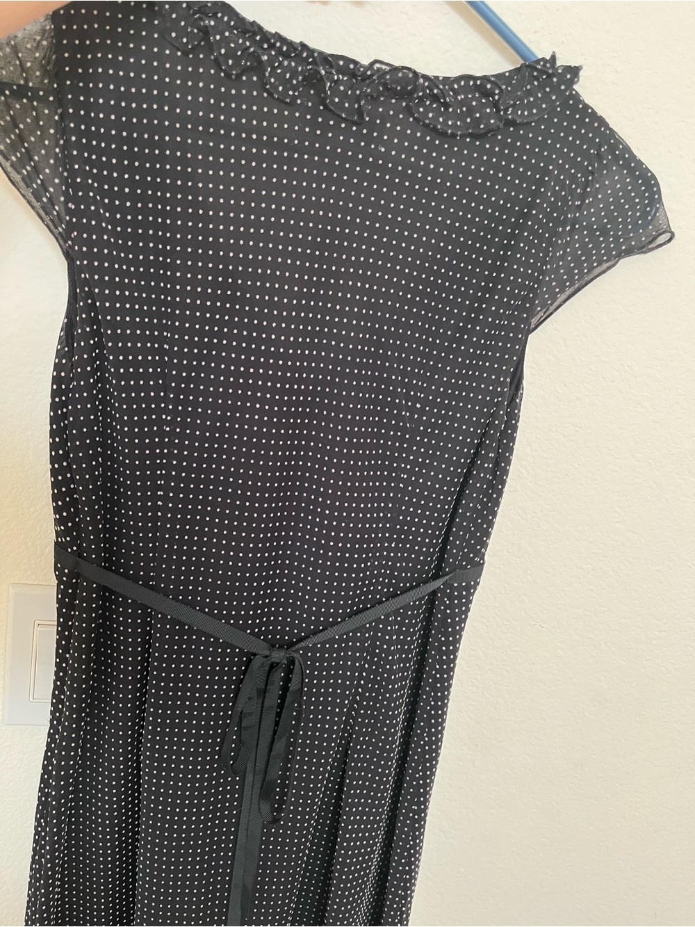 Ann Taylor LOFT Vintage Y2K Black and White Polka Dot Ruffle-Trim Midi Dress - Picture 5 of 6